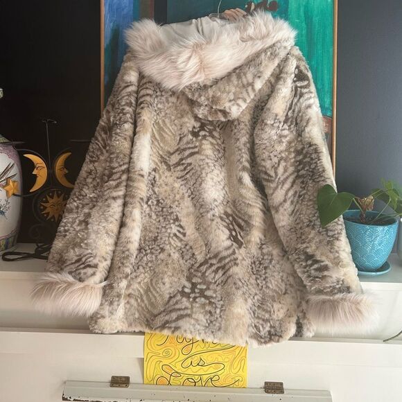 VTG! Nuage Collection Cream Faux Fur Hooded Coat Tiger Print L/G 90s Cozy Glam - Picture 13 of 15